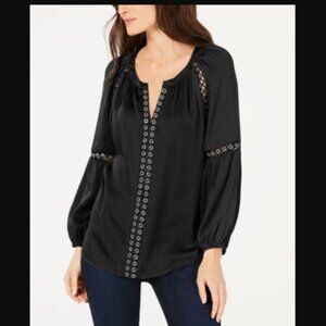 INC International Concepts INC Grommet-Trim Peasant Blouse - Black - Size: Small